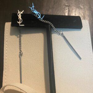 Chic YSL Petite Silver Logo Long Chain Back Earrings